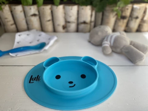 Luli miska na krmení ve tvaru medvídka - modrá